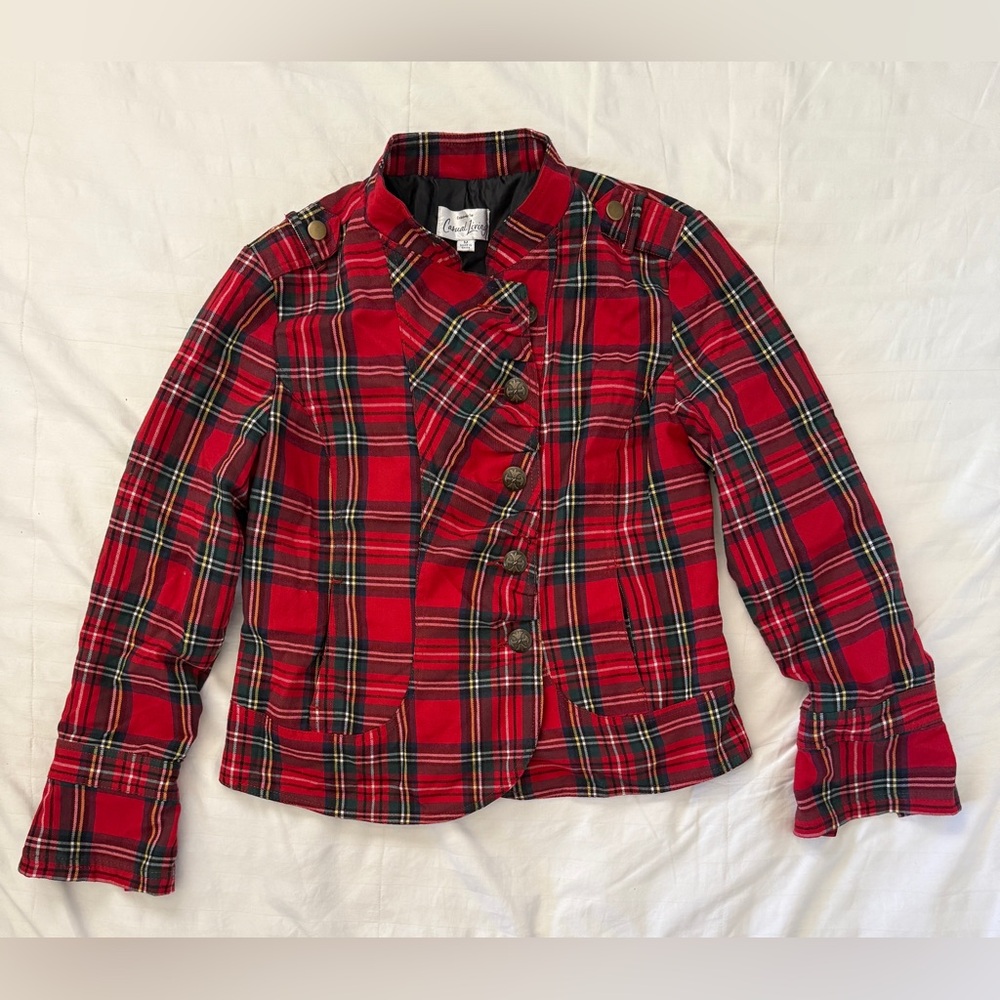 Chic Red Plaid Blazer with Button Accents
